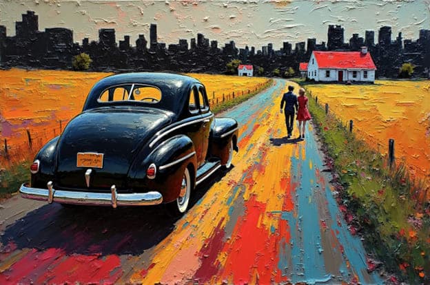 Vintage Car Country Road Couple Walking City Skyline Farmhouse