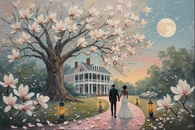 Bride Groom Magnolia Tree Pink Mansion Full Moon