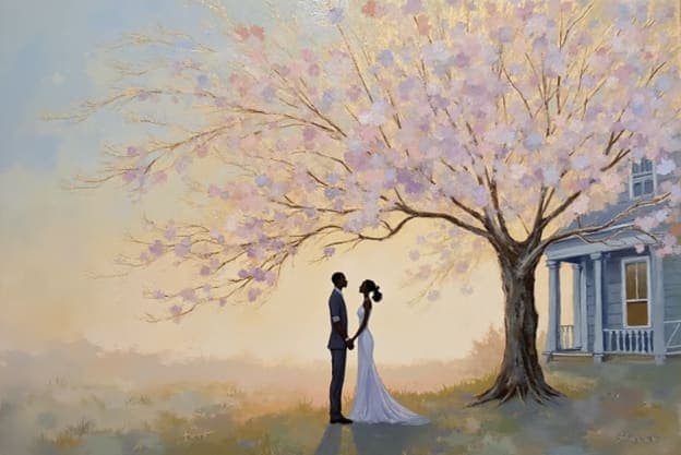 Couple Holding Hands Blossom Tree House Dusk