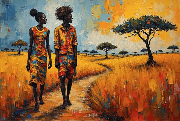 African Couple Walking Savanna Path Colorful Patterns