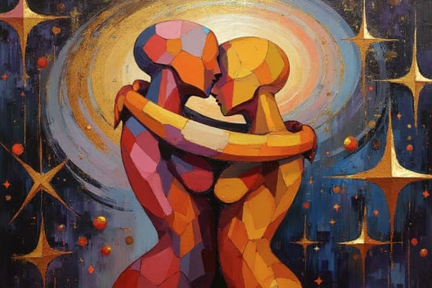 Cubist Couple Face To Face Embrace Gold Halo Starburst