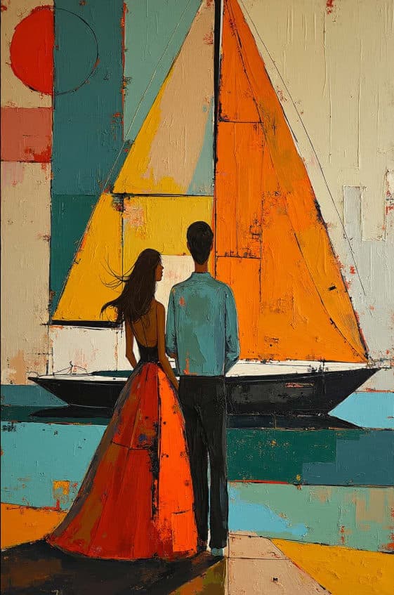 Couple Marina Sailboat Cubist Geometric Orange Sails