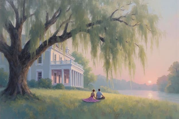 Couple Picnic Blanket Willow Tree Mansion River Sunset