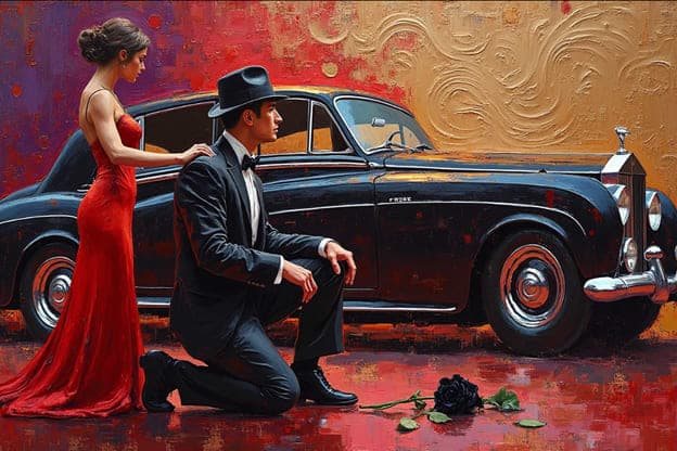 Man Kneeling Rose Proposal Black Rose Vintage Rolls Royce Gold Background