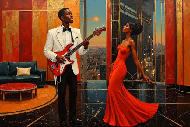Bassist Man Woman Red Gown Penthouse City Skyline Sunset