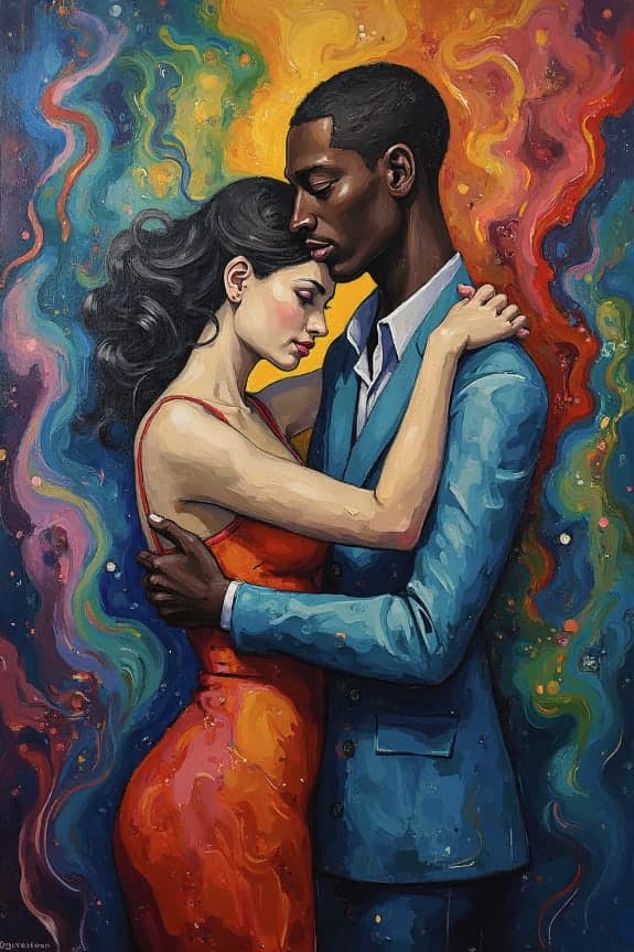 Couple Embrace Colorful Swirl Smoke Portrait