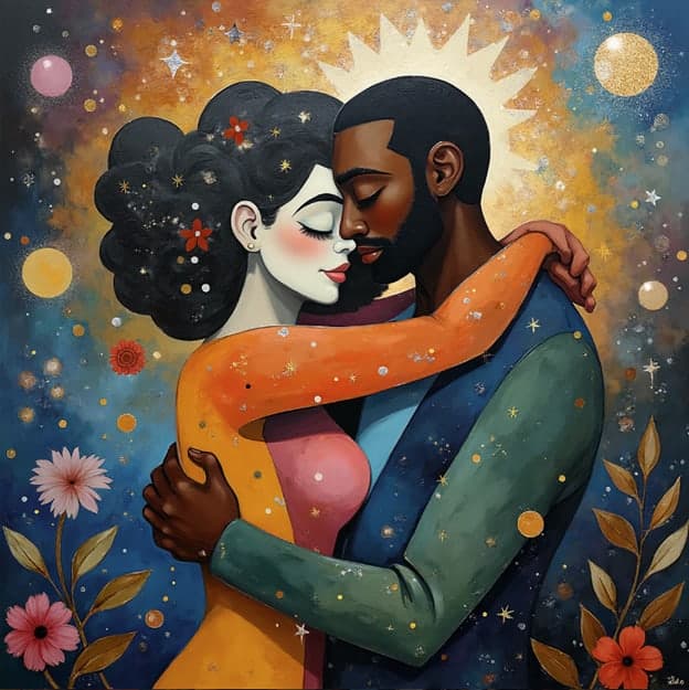 Couple Embrace Floral Sunburst Halo Starry Portrait
