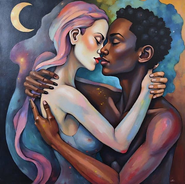 Nude Couple Kissing Crescent Moon Cosmic Colorful