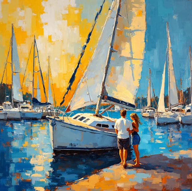 Couple Marina Dock Sailboats Golden Sunset