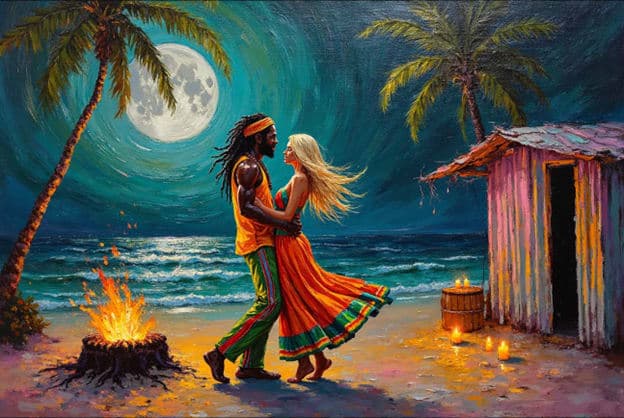 Couple Dancing Beach Bonfire Full Moon Palm Trees Colorful Dress
