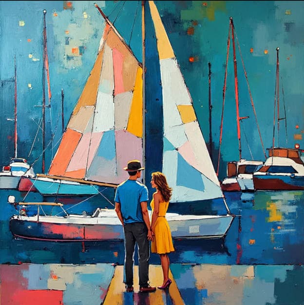 Couple Marina Sailboat Yellow Dress Cubist