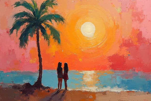 Two Women Silhouette Beach Sunset Palm Tree