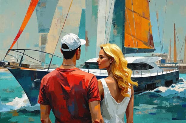 Couple Marina Sailboat Casual Attire Dock