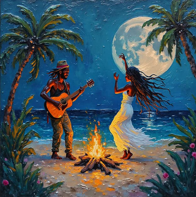 Guitarist Dancing Woman Beach Bonfire Full Moon White Dress