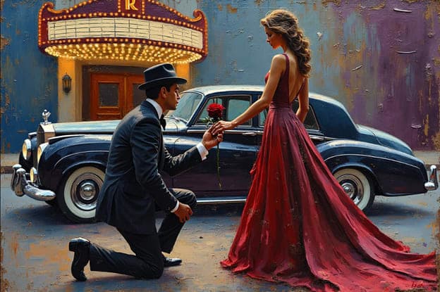 Man Kneeling Rose Proposal Vintage Rolls Royce Theater Marquee Red Dress