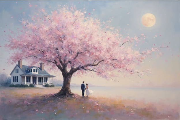 Bride Groom Cherry Blossom Tree Mansion Full Moon Lakeside