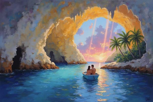 Couple Rowboat Sea Cave Arch Sunset Palm Trees