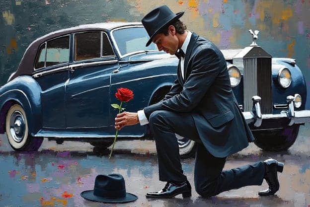 Man Kneeling Red Rose Vintage Rolls Royce Solo