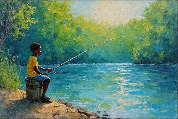 Boy Fishing Bucket Riverbank Green Forest