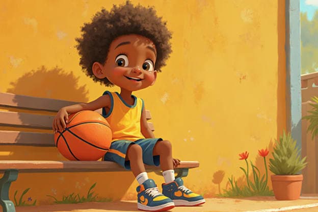 Boy Basketball Bench Yellow Wall Smiling