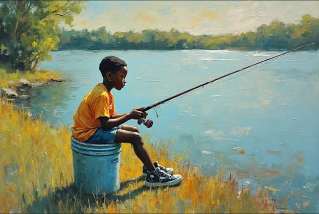 Boy Fishing Bucket Lakeside Orange Shirt