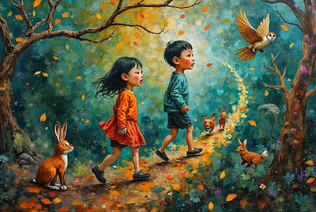 Children Forest Walk Fox Rabbit Owl Autumn Leaves