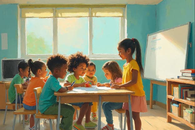 Teacher Students Classroom Table Window Whiteboard