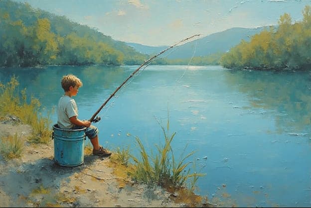 Boy Fishing Bucket Mountain Lake Blue Tones