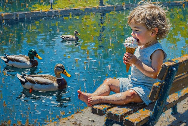 Toddler Ice Cream Cone Bench Ducks Pond Impasto