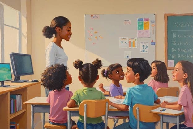Teacher Students Classroom Bright Window Smiling