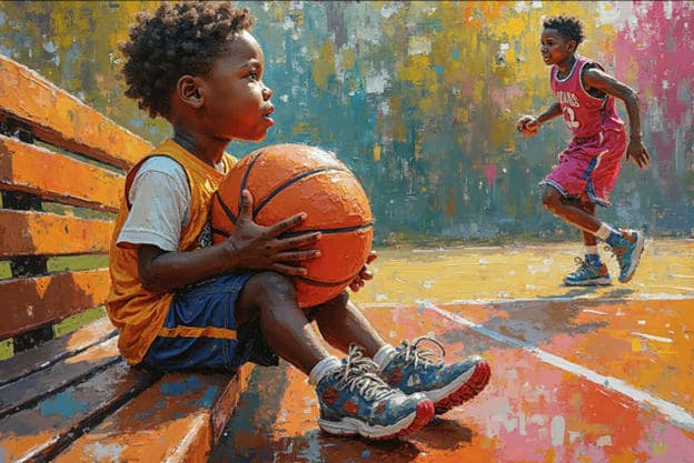 Boy Basketball Bench Watching Player Colorful Court