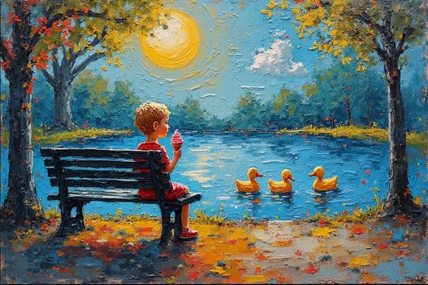 Boy Ice Cream Bench Ducks Pond Autumn Leaves Impasto