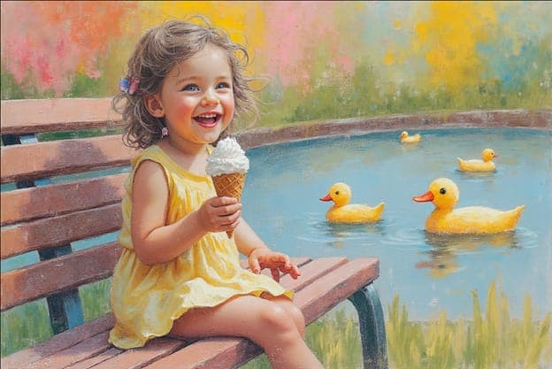 Toddler Girl Ice Cream Cone Bench Ducks Pond Pastel