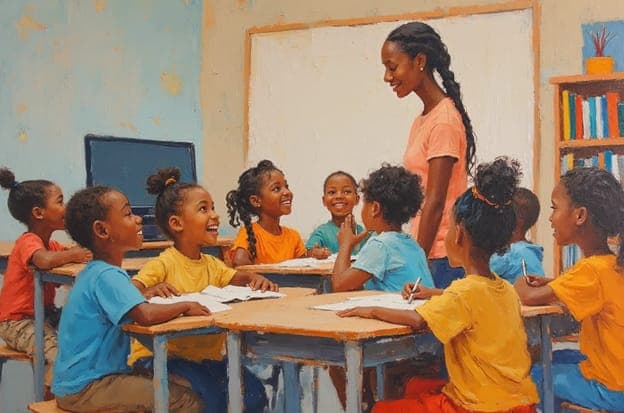 Teacher Students Classroom Desks Smiling Colorful