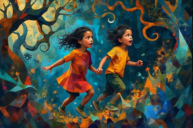 Girls Running Fantasy Forest Glowing Colorful