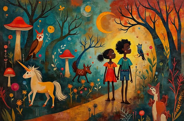 Boy Girl Fantasy Forest Unicorn Owl Fox Moon