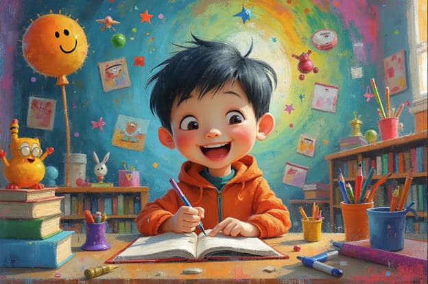 Boy Laughing Desk Drawing Bookshelf Toys Colorful