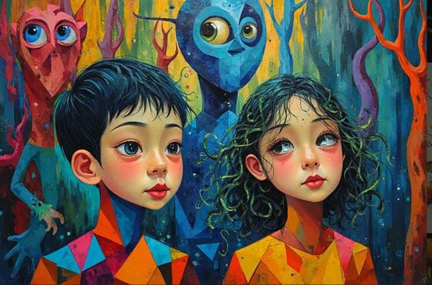Boy Girl Portrait Whimsical Fantasy Creatures Colorful
