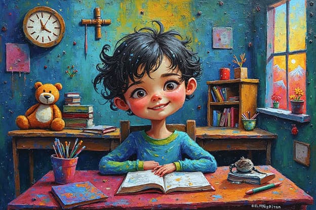 Boy Desk Book Teddy Bear Bookshelf Clock Sunset