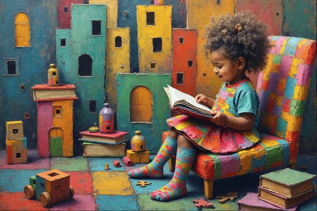 Girl Reading Book Colorful Chair Toys Blocks