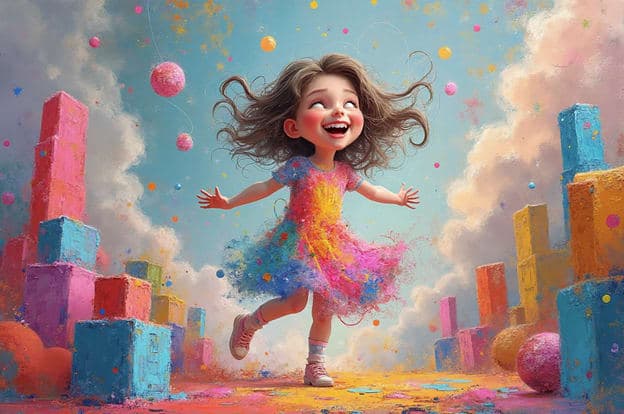 Girl Leaping Joyful Colorful Confetti Blocks