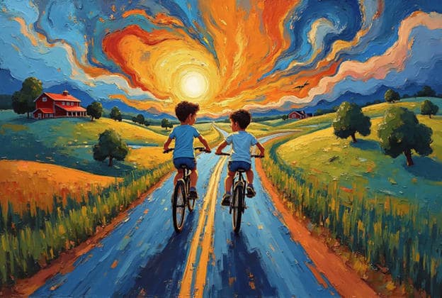 Boys Biking Country Road Sunset Swirl Sky Farmhouses
