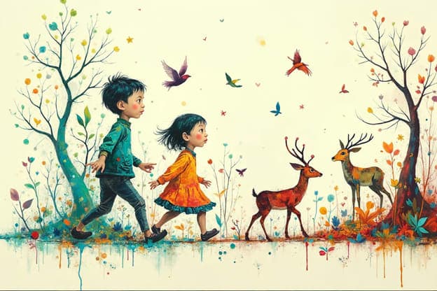 Boy Girl Walking Watercolor Forest Deer Birds