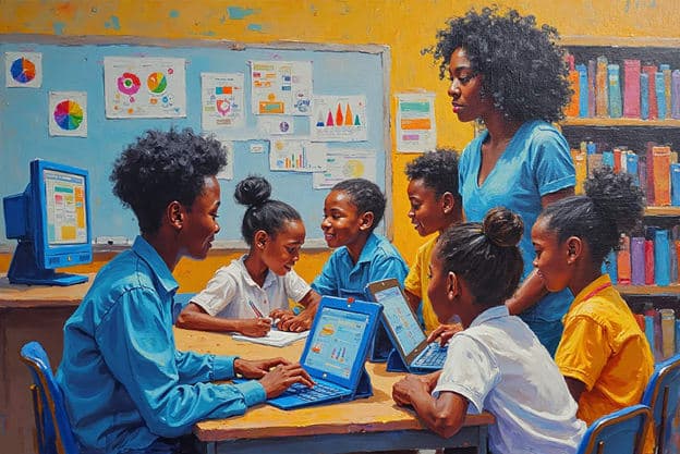Teacher Students Classroom Laptops Charts Colorful