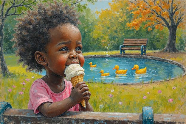 Toddler Girl Ice Cream Pond Ducks Park Bench