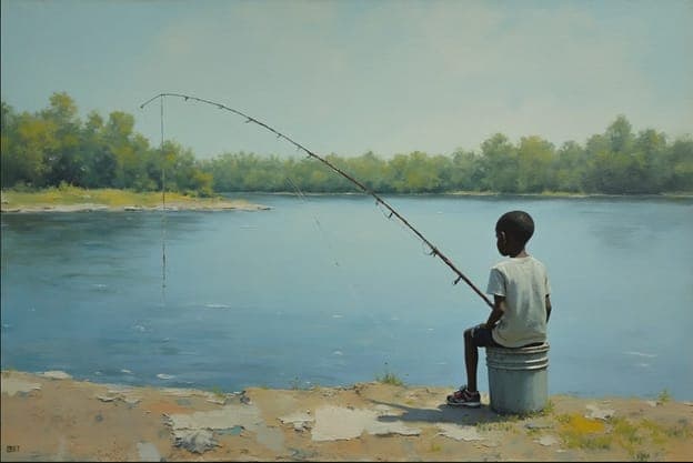 Boy Fishing Riverbank Realistic Bucket Silhouette