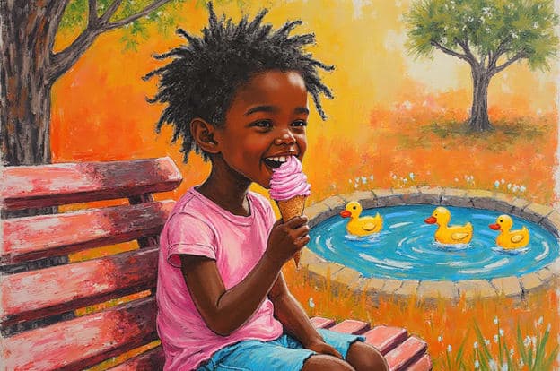Girl Ice Cream Bench Pond Ducks Golden Hour
