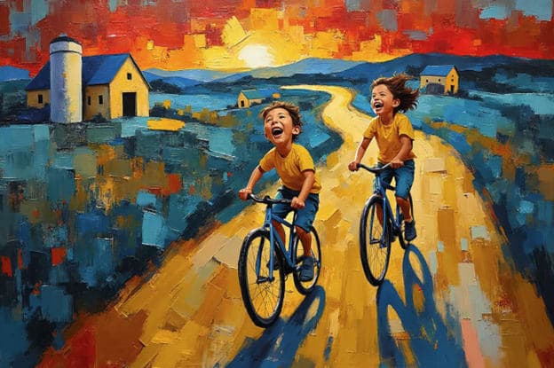 Boys Biking Farm Road Sunset Impasto Orange