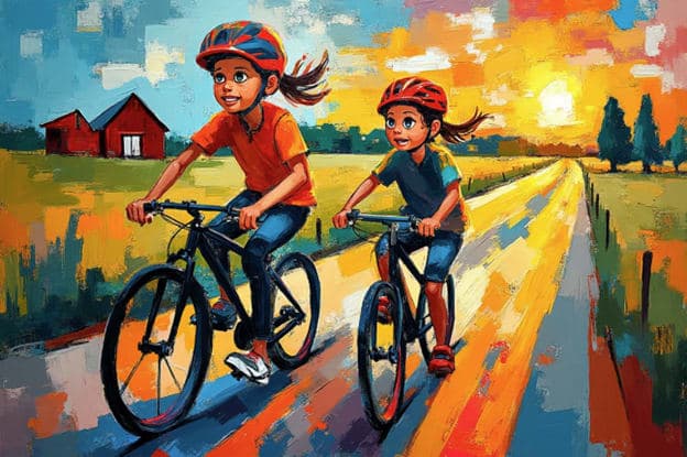 Girls Biking Helmets Farm Road Sunset