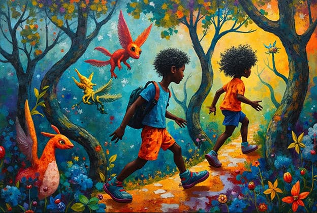 Boys Forest Path Whimsical Creatures Fox
